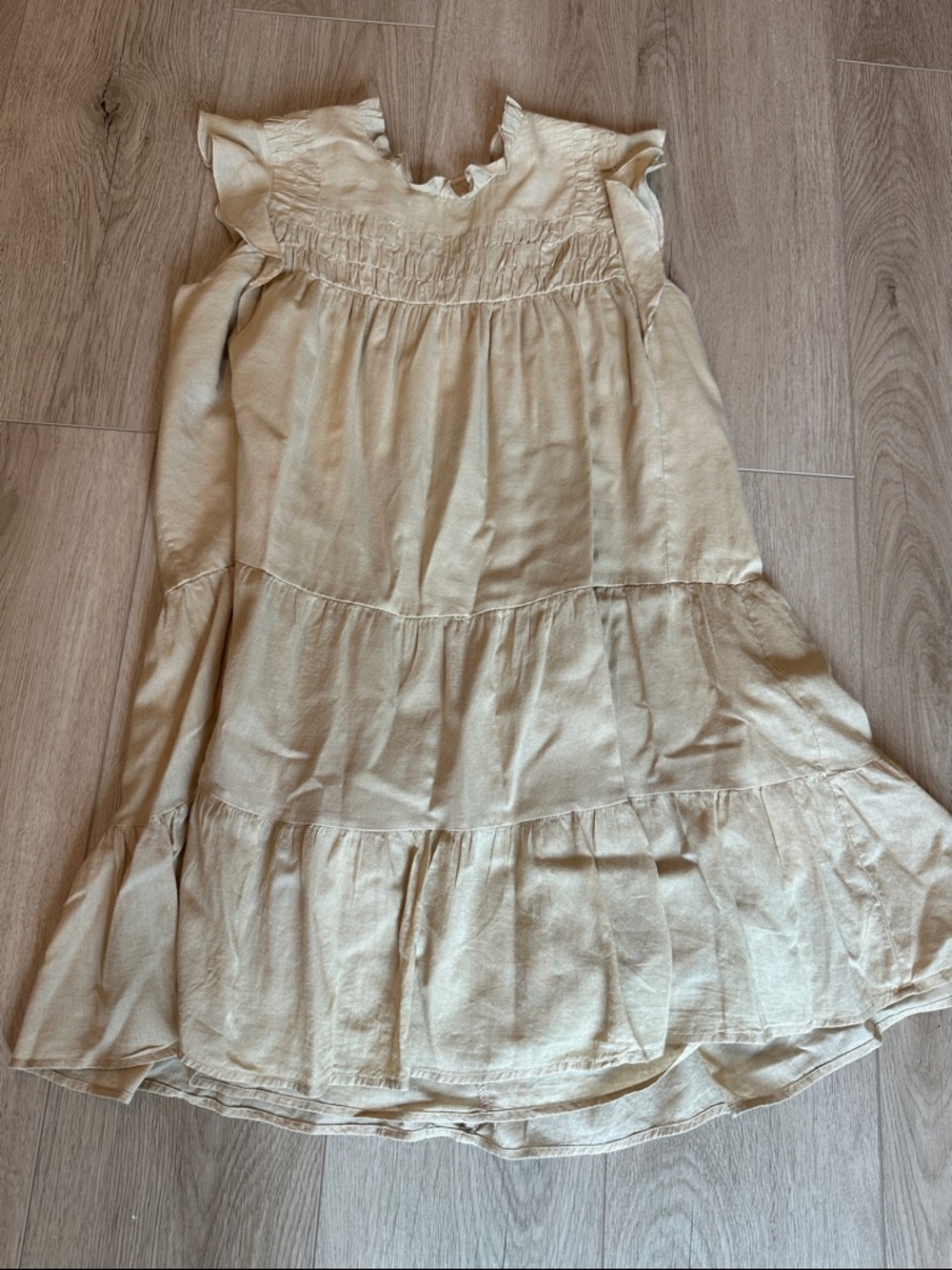 Carly Jean Los Angeles Cream Tiered Smocked Flutter Dress